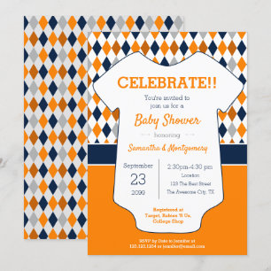Navy and Orange Argyle Patterned Baby Shower Invitation