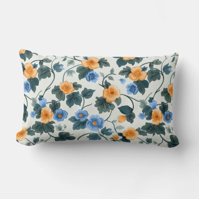 Navy and Orange Botanical Lumbar Pillow (Front)