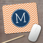 Navy and Orange Chevrons with Custom Monogram Mouse Pad<br><div class="desc">A preppy design in fresh,  cheerful colors. If you need to adjust the monograms,  click on the customize it button and make changes.</div>