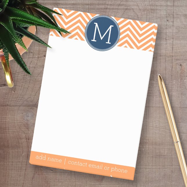 Navy and Orange Chevrons with Custom Monogram Post-it Notes (Custom Post-it Note Pads - Add your name and other text)