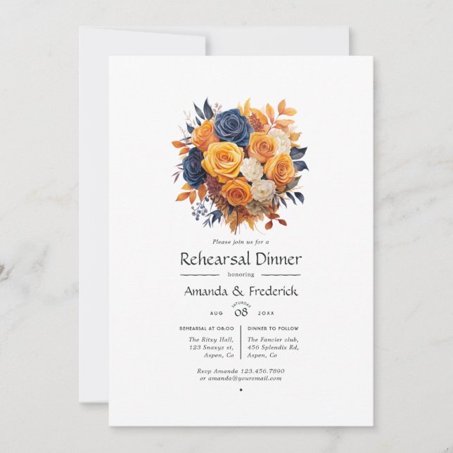Navy and Orange Floral Wedding Rehearsal Dinner Invitation (Front)