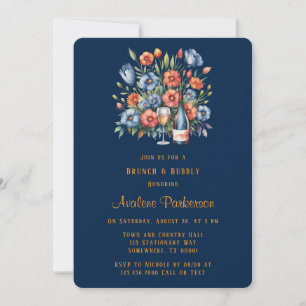 Navy and Orange Peony Brunch & Bubbly Invitation