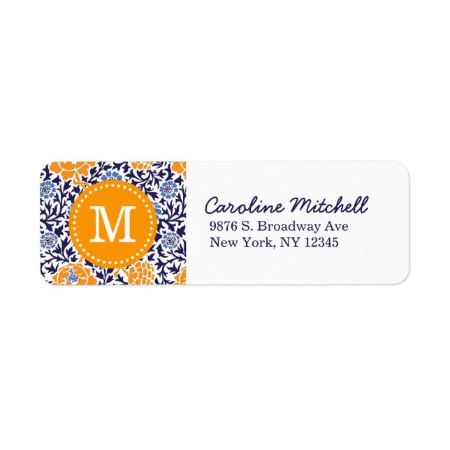 Navy and Orange Retro Floral Damask Monogram (Front)