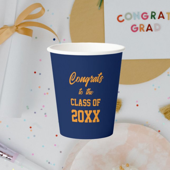 Navy and Orange School Colours Graduation Party Paper Cups (In Situ Graduation Party)