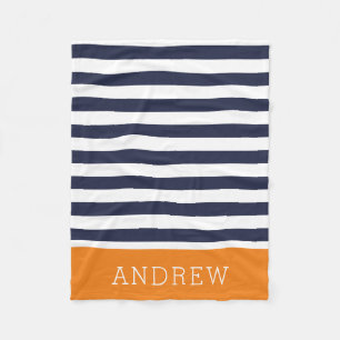Navy and Orange Stripes Monogram   Editable Colour Fleece Blanket