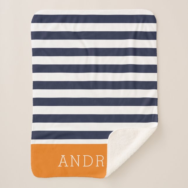 Navy and Orange Stripes Monogram | Editable Colour Sherpa Blanket (Front)