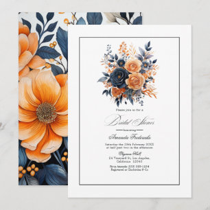 Navy and Orange Watercolor Floral Bridal Shower Invitation