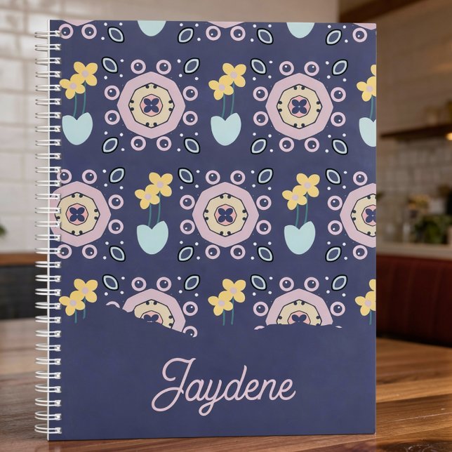 Navy And Pastel Geometric Floral (Floral meets geometric, with your name in cursive. This notebook’s got style and personality.)