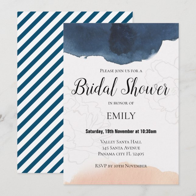 Navy and Peach Bridal Shower Invitation (Front/Back)
