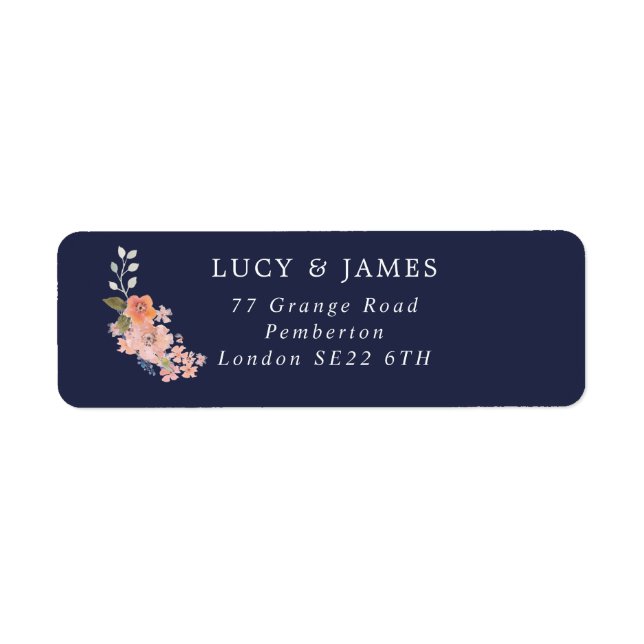 Navy and Peach Floral Bouquet Return Address Label (Front)