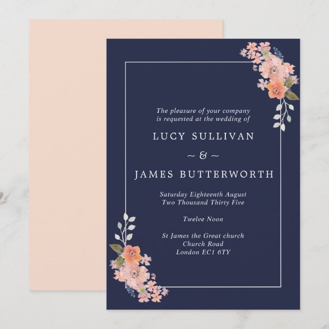 Navy and Peach Floral Frame Wedding Invitation (Front/Back)
