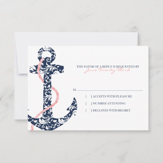 Navy and Pink Anchor Beach Wedding rsvp Card (Front)