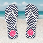 Navy and Pink Chevron Monogram Flip Flops<br><div class="desc">Custom printed flip flop sandals with a stylish modern chevron pattern and your custom monogram or other text in a circle frame. Click Customize It to change text fonts and colours or add your own images to create a unique one of a kind design!</div>