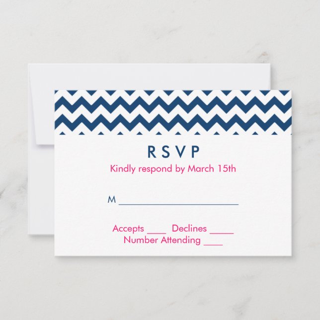 Navy and Pink Chevron Wedding RSVP Card (Front)