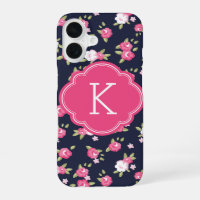 Navy and Pink Chic Vintage Floral Print Monogram