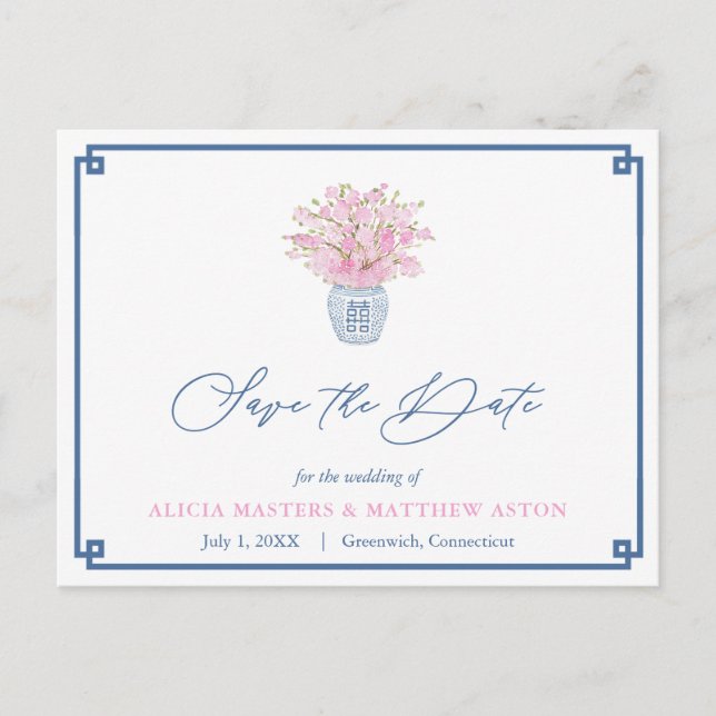 Navy And Pink Chinoiserie Wedding Save The Date Postcard (Front)