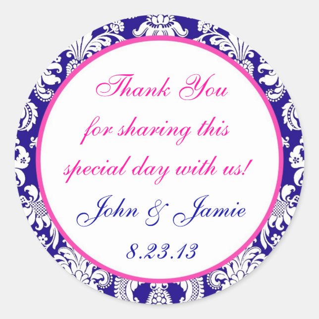 Navy and Pink Damask Round Wedding Sticker Label (Front)