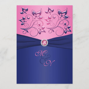 Navy and Pink Floral Monogrammed Invitation