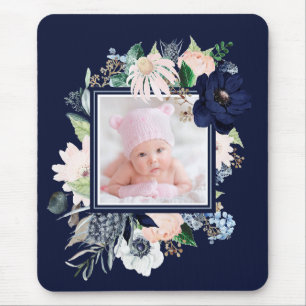 Navy and Pink Floral with Photo   Dark Blue Mouse Pad