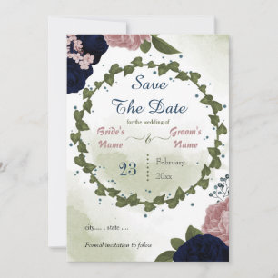 navy and pink flowers greenery botanical wreath save the date