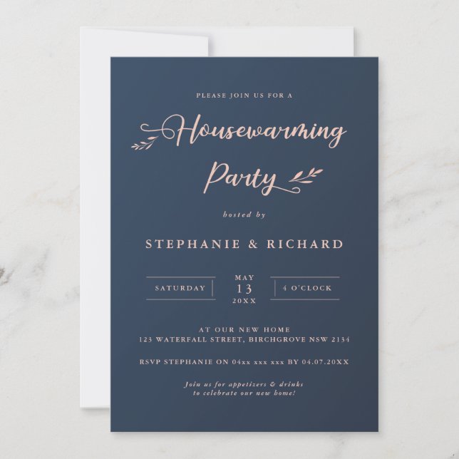 Navy and Pink Foliage Housewarming Party Invitation (Front)