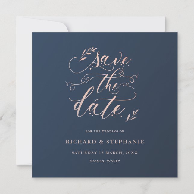 Navy and Pink foliage square Save the Date Invitation (Front)
