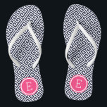 Navy and Pink Greek Key Monogram Flip Flops<br><div class="desc">Custom printed flip flop sandals with a stylish modern Greek key pattern and your custom monogram or other text in a circle frame. Click Customize It to change text fonts and colours or add your own images to create a unique one of a kind design!</div>