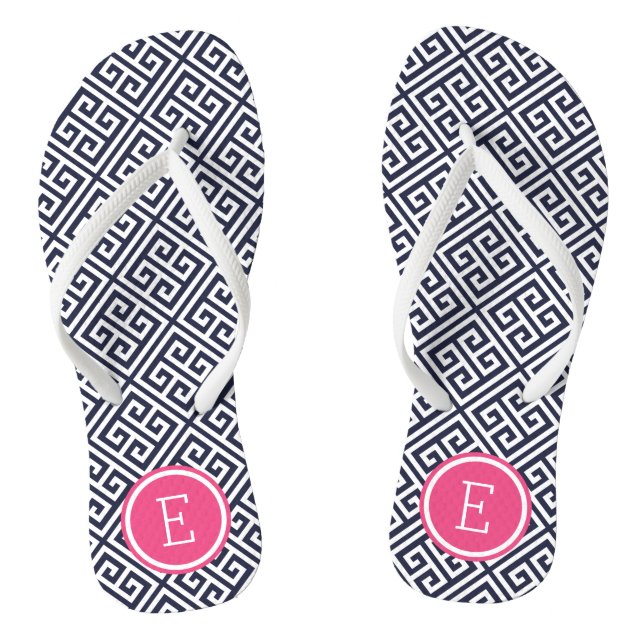 Navy and Pink Greek Key Monogram Flip Flops (Footbed)