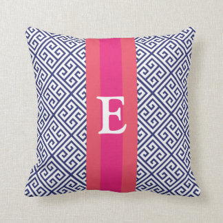 Navy and Pink Greek Key Monogram Pillow