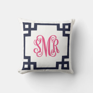 Navy and Pink Greek Key Script Monogram - SMR Throw Pillow