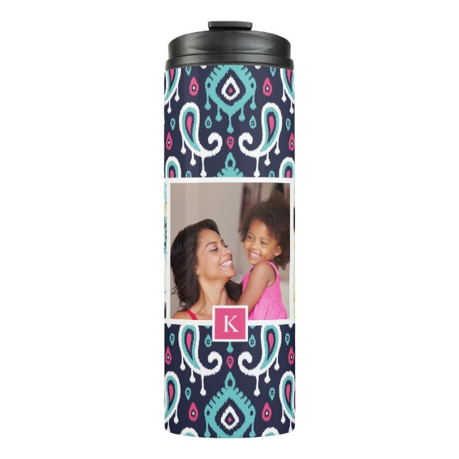 Navy and Pink Ikat Paisley Custom Photo Monogram Thermal Tumbler (Front)