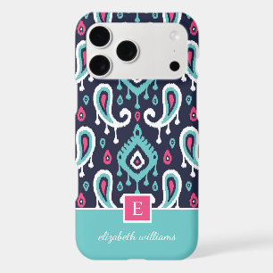 Navy and Pink Ikat Paisley Monogram