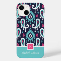 Navy and Pink Ikat Paisley Monogram