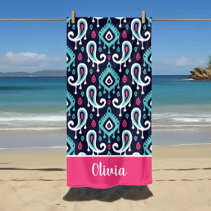 Navy and Pink Ikat Paisley Name Monogram Beach Towel
