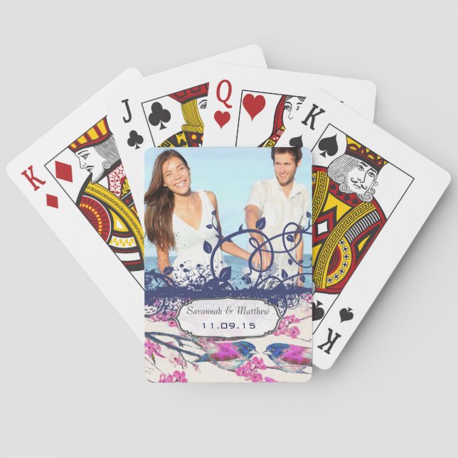 Navy and Pink Love Bird Wedding Playing Card (Back)