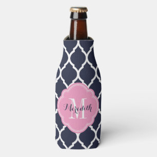 Navy and Pink Moroccan Quatrefoil Monogram Bottle Cooler