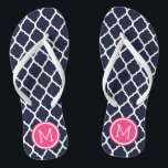 Navy and Pink Moroccan Quatrefoil Monogram Flip Flops<br><div class="desc">Custom printed flip flop sandals with a stylish Moroccan quatrefoil pattern and your custom monogram or other text in a circle frame. Click Customize It to change text fonts and colours or add your own images to create a unique one of a kind design!</div>