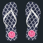 Navy and Pink Moroccan Quatrefoil Monogram Flip Flops<br><div class="desc">Custom printed flip flop sandals with a stylish Moroccan quatrefoil pattern and your custom monogram or other text in a circle frame. Click Customize It to change text fonts and colours or add your own images to create a unique one of a kind design!</div>