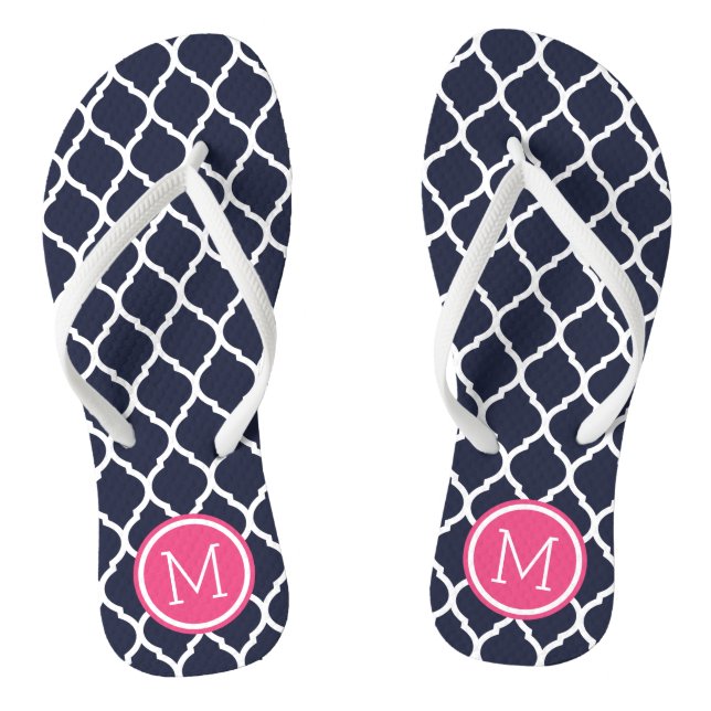 Navy and Pink Moroccan Quatrefoil Monogram Flip Flops (Footbed)