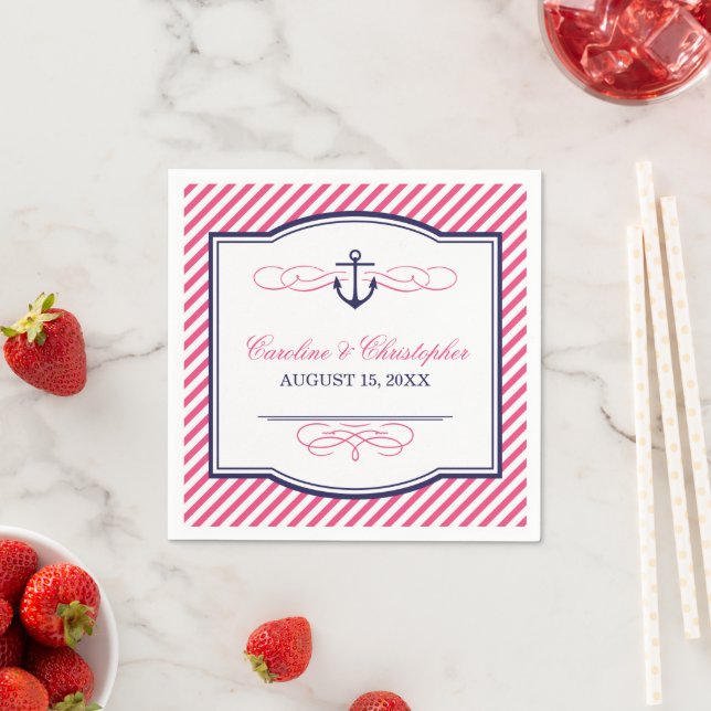 Navy and Pink Nautical Anchor Wedding Monogram Napkin (Insitu)