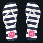 Navy and Pink Preppy Stripes Monogram Flip Flops<br><div class="desc">Custom printed flip flop sandals with a preppy nautical stripe pattern and your custom monogram or other text in a circle frame. Click Customize It to change text fonts and colours or add your own images to create a unique one of a kind design!</div>