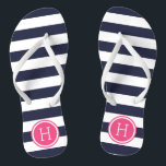Navy and Pink Preppy Stripes Monogram Flip Flops<br><div class="desc">Custom printed flip flop sandals with a preppy nautical stripe pattern and your custom monogram or other text in a circle frame. Click Customize It to change text fonts and colours or add your own images to create a unique one of a kind design!</div>