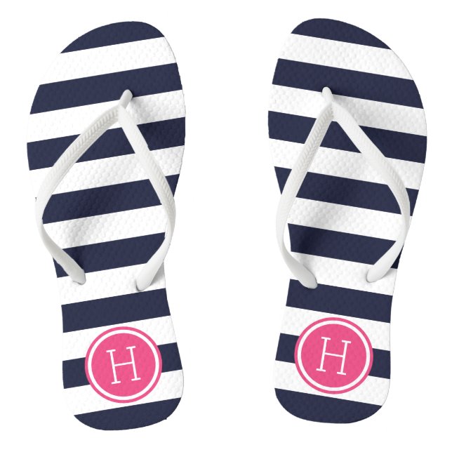Navy and Pink Preppy Stripes Monogram Flip Flops (Footbed)
