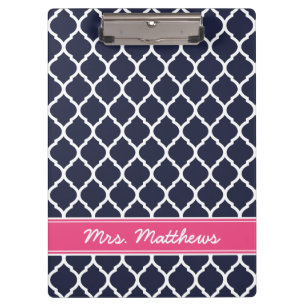 Navy and Pink Quatrefoil Custom Monogram Clipboard