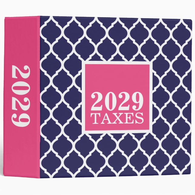 Navy and Pink Quatrefoil Cute Tax Binder (Front/Spine)