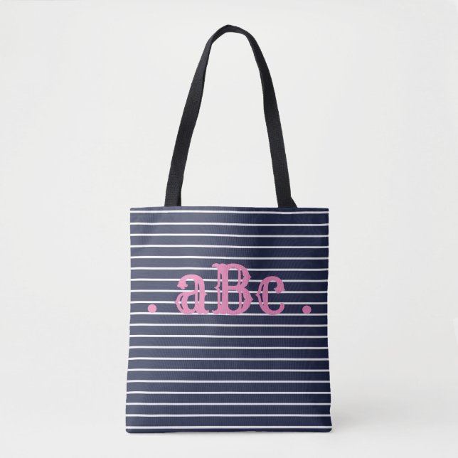 Navy and Pink Seersucker Striped Monogram Tote Bag (Front)