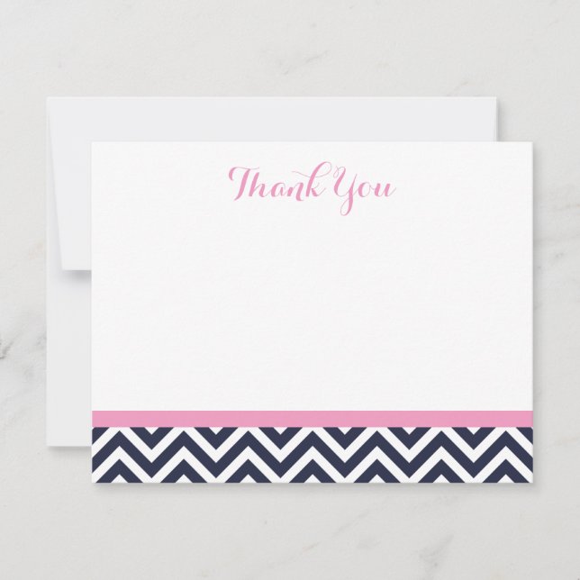 Navy and Pink Simple Chevron Thank You Note Cards (Front)