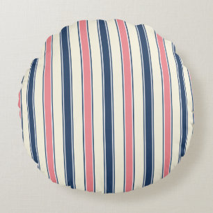 Navy and Pink Striped Coastal Round Pillow