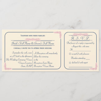 Navy and Pink Ticket Wedding Invitation with RSVP