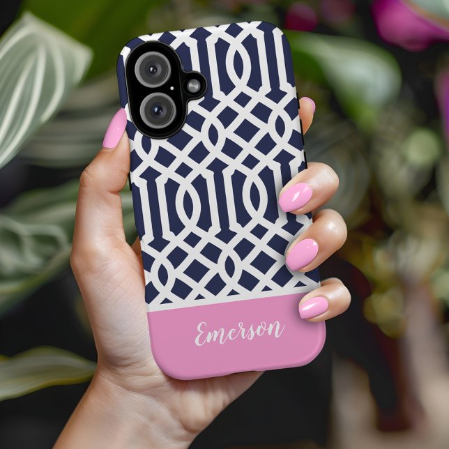 Navy and Pink Trellis Monogram Case-Mate iPhone Case (Creator Uploaded)